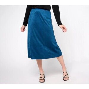 Susan Graver Women's Plus Sz Skirt 1X Regular Knit Faux Suede Paneled Midi Blue